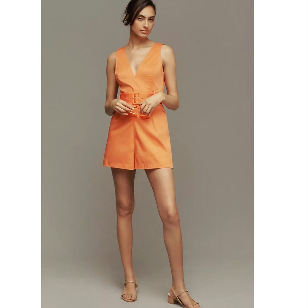 NWT Anthropologie x Hutch Belted V-Neck Romper $168 SIZE 4 Tangerine - Picture 2 of 5